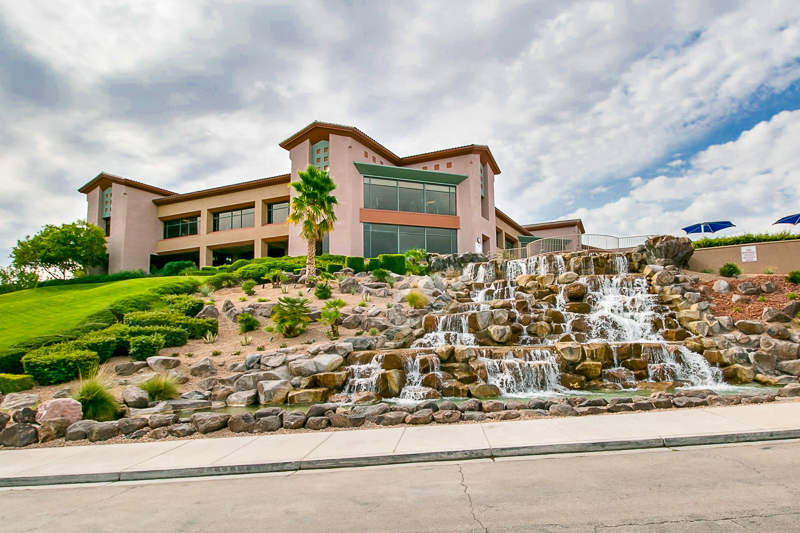 A waterfall beside a community building at Sun City Anthem in Henderson, Nevada