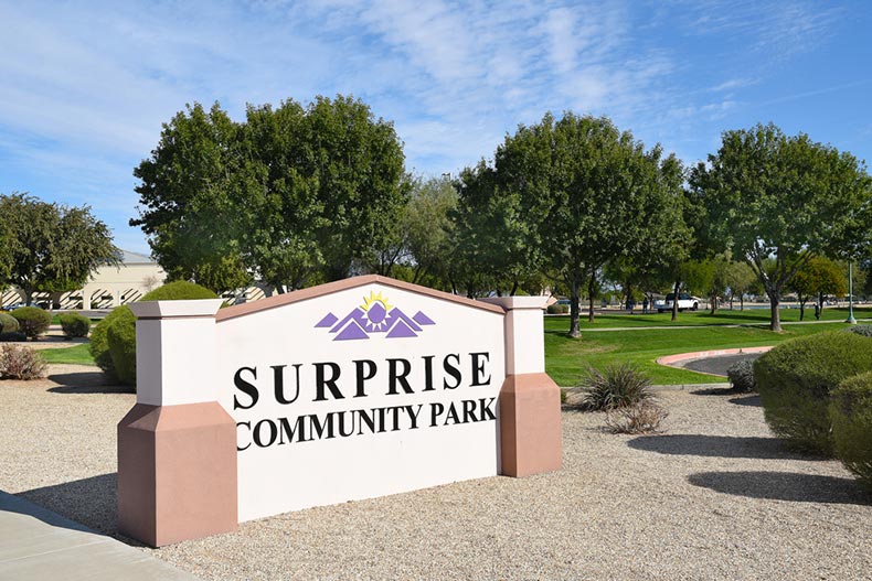 A blue sky over the sign for the Surprise Community Park in Arizona