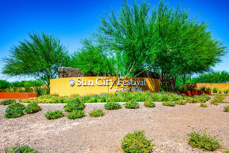 View of the community sign at Sun City Festival in Buckeye, Arizona