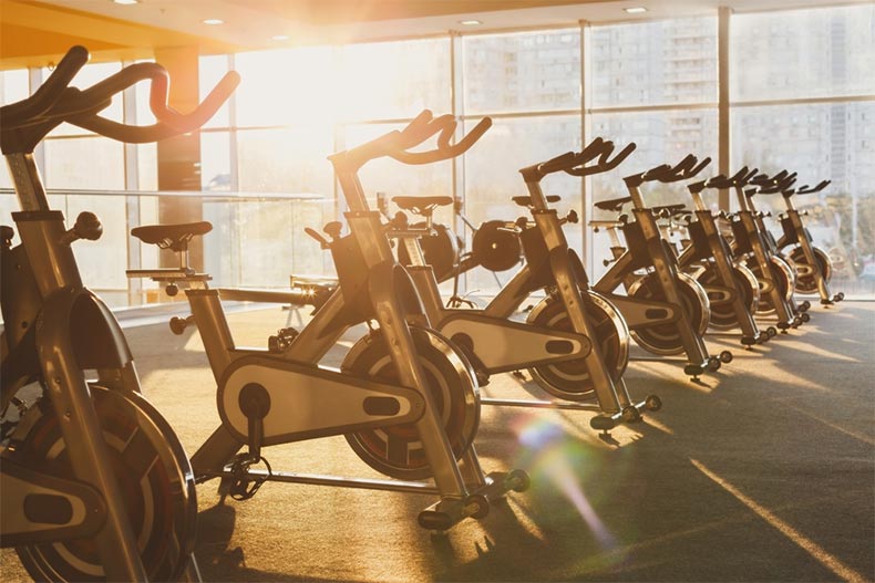 Sunlight on a row of exercise bikes in a fitness center
