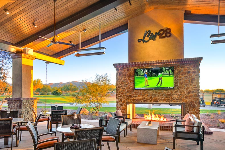 Sunset view of the outdoor patio at Sun City Festival in Buckeye, Arizona