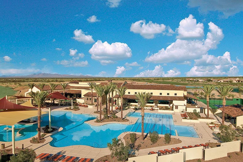 Aerial view of the outdoor pool and clubhouse at SaddleBrooke Ranch in Oracle, Arizona
