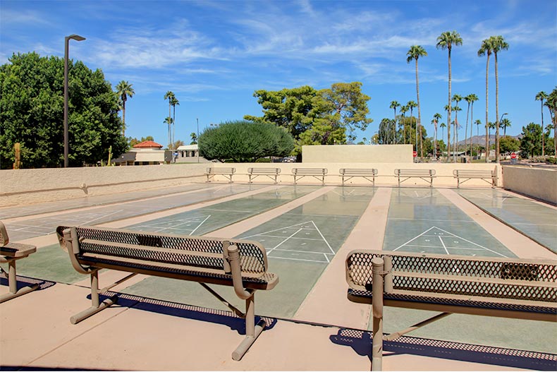 View of the outdoor shuffleboard courts at Fountain of the Sun in Mesa, Arizona