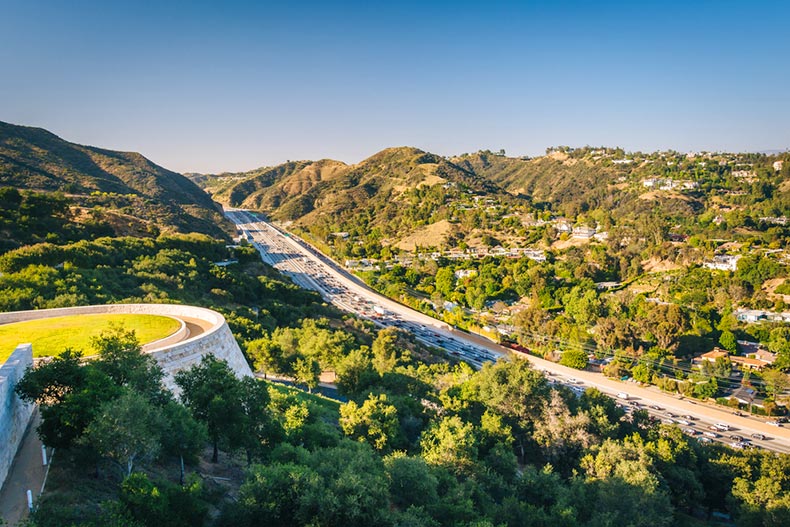 View of the 405 Freeway in the Brentwood neighborhood of Los Angeles, California