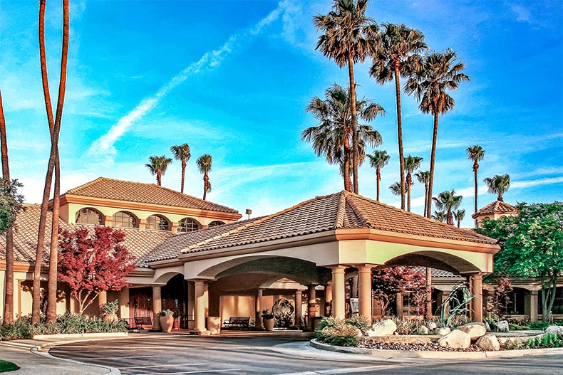 Exterior view of the clubhouse at Sun Lakes Country Club in Banning, California