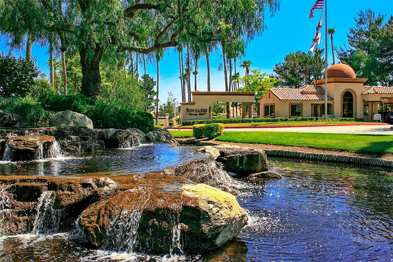 View of a water feature in front of one of the clubhouses at Sun Lakes Country Club in Banning, California