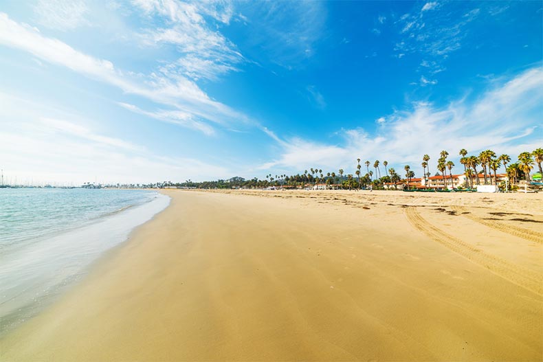 A blue sky over a golden shore in Santa Barbara, California