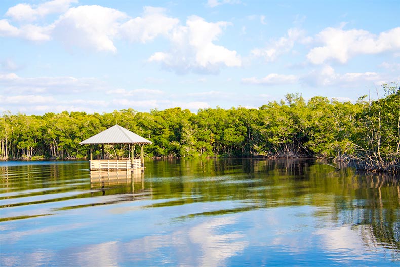 A floating hut on the water in Cape Coral, Florida