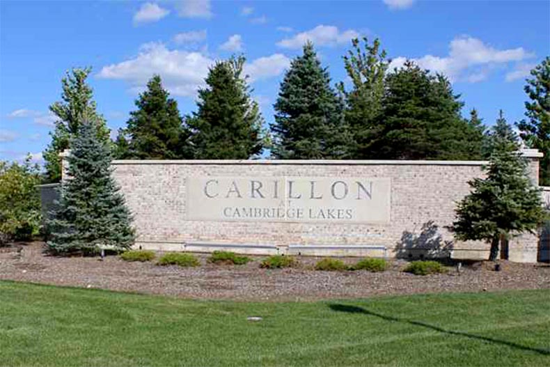 Greenery surrounding the community sign for Carillon at Cambridge Lakes in Pingree Grove, Illinois