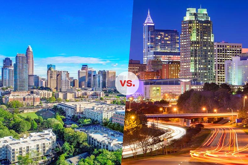 Split graphic of downtown Raleigh and downtown Charlotte with a "versus" logo circled in the middle