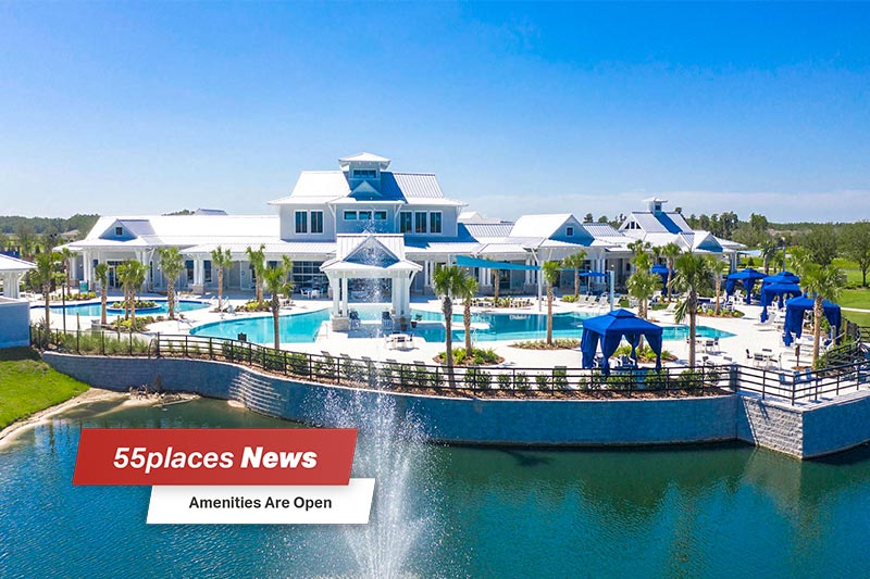 Aerial view of the clubhouse and outdoor pool at Del Webb Bexley in Land O'Lakes, Florida