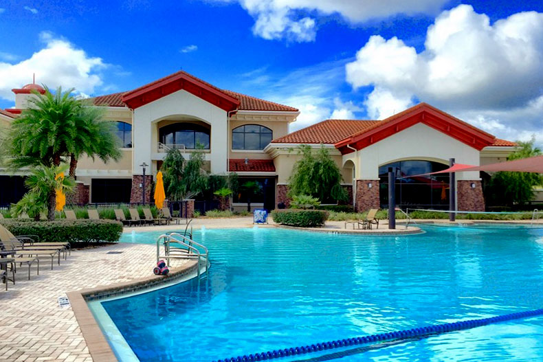 The pool and clubhouse at Del Webb Orlando in Davenport, Florida.