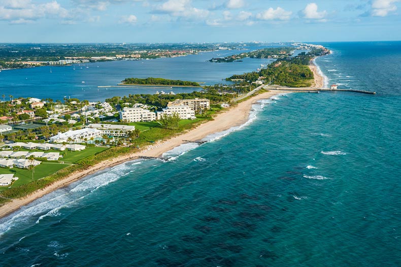 Aerial view of the Atlantic Ocean shoreline in Boynton Beach, Florida with Palm Beach in the distance