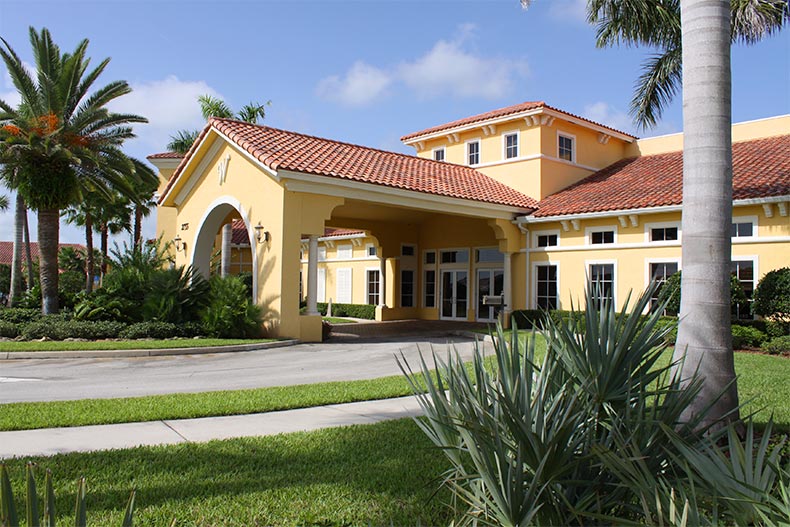 Exterior view of the clubhouse at Woodfield in Vero Beach, Florida