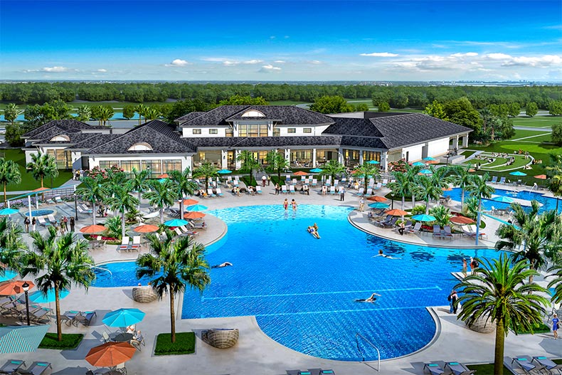 Rendering of an aerial view of the outdoor pool, patio, and clubhouse at Del Webb Sunbridge in St. Cloud, Florida