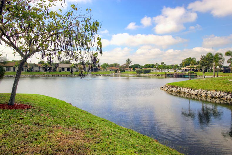 Homes surrounding a scenic lake at The Meadows of Crystal Lake in Deerfield Beach, Florida