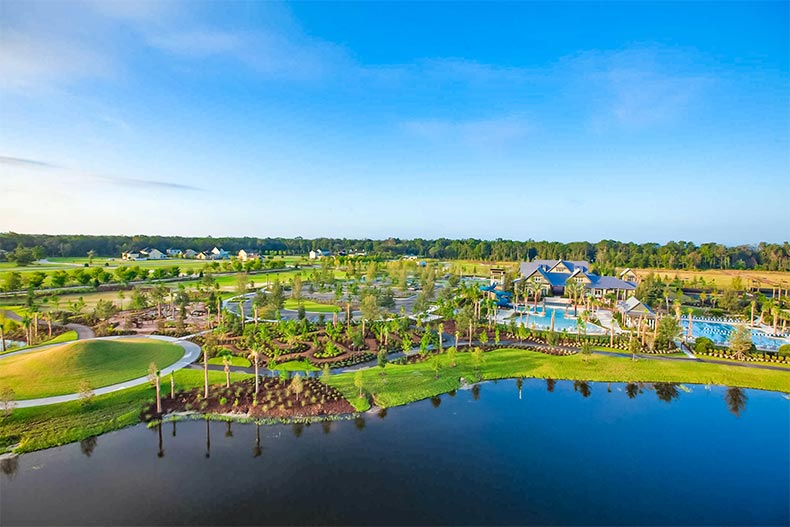 Aerial view over the water of WaterSong at RiverTown in St. Johns, Florida