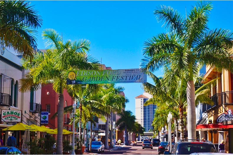 palm tree-lined streets in downtown fort myers on a clear day