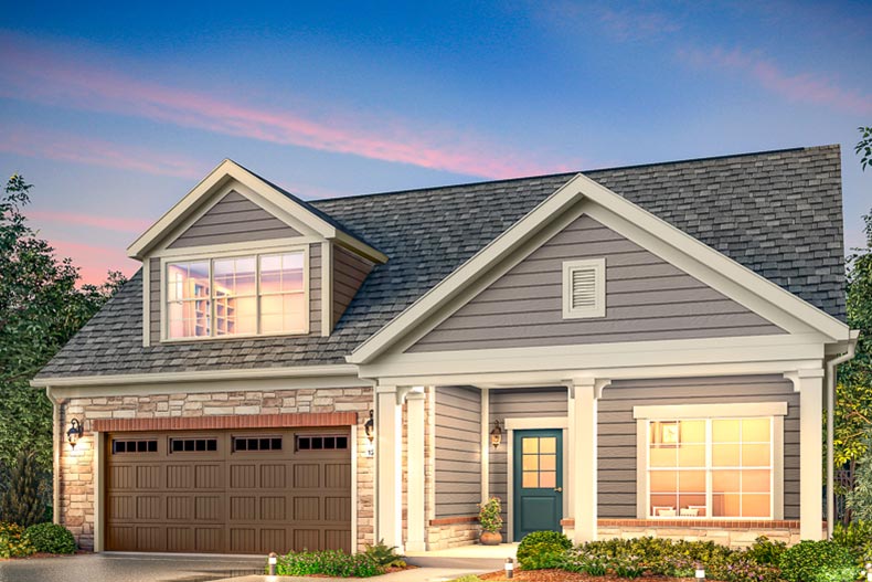 Exterior view of a model home at Courtyards at Camden in Acworth, Georgia