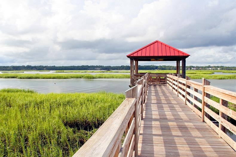 Observation deck and fishing pier in marshland at Hilton Head Island, South Carolina