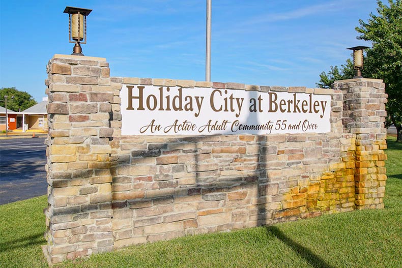 The brick community sign for Holiday City at Berkeley in Toms River, New Jersey