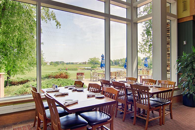 View of the golf course outside the window of the restaurant at Sun City Huntley in Huntley, Illinois