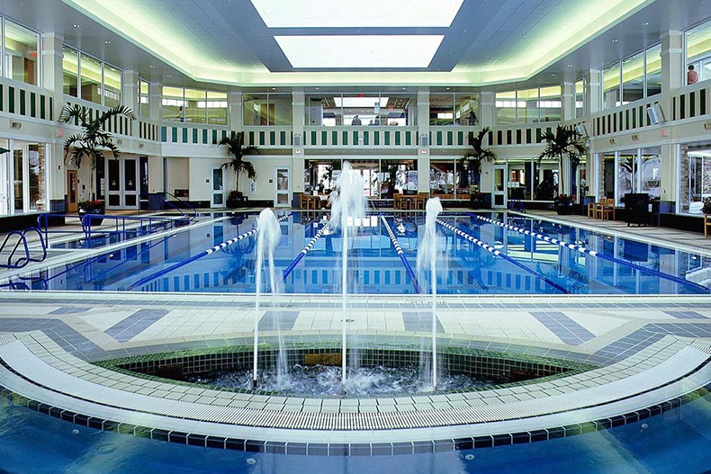 View of the indoor pool and water features at Sun City Huntley in Huntley, Illinois
