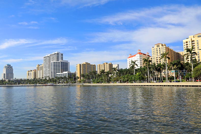 The skyline of Downtown West Palm Beach with Lake Worth in the foreground