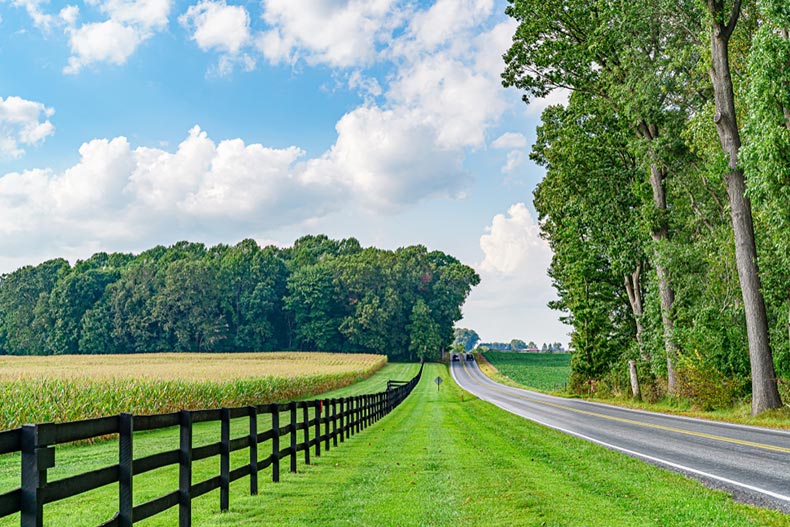 A road beside a wooden fence and a farm field in Lancaster, Pennsylvania