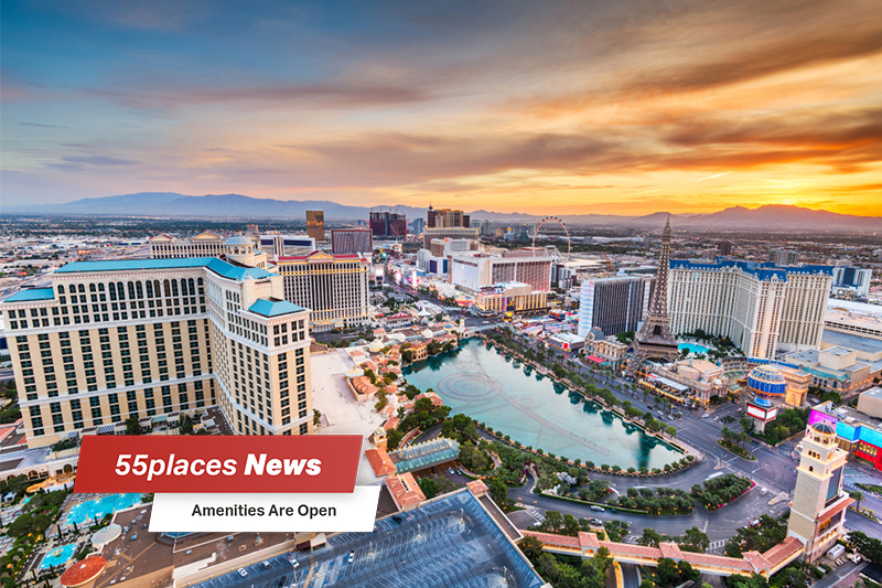 "Amenities Are Open" banner over an aerial view of the Las Vegas Strip at dusk