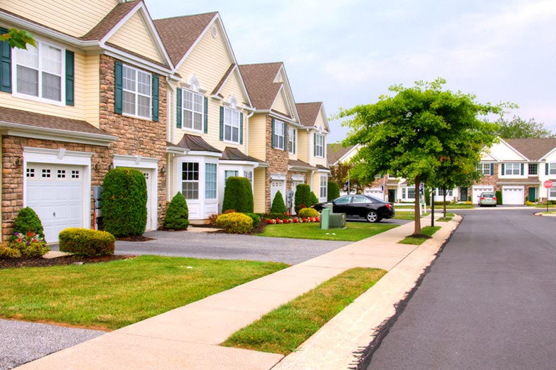 A row of townhomes in The Village at Maidencreek in Blandon, Pennsylvania