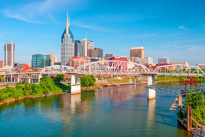 Wide shot of Downtown Nashville, Tennessee on the Cumberland River