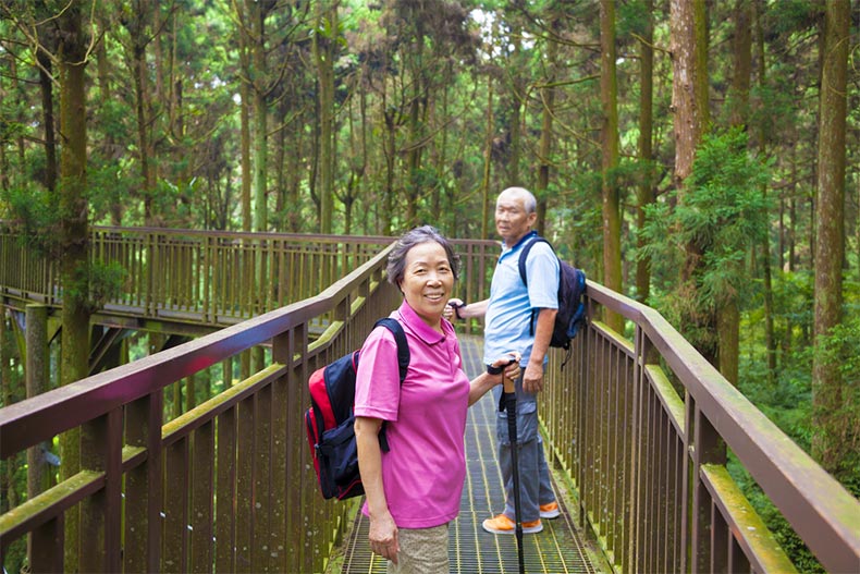 Older Asian couple walking on elevated trail through lush, green forest.