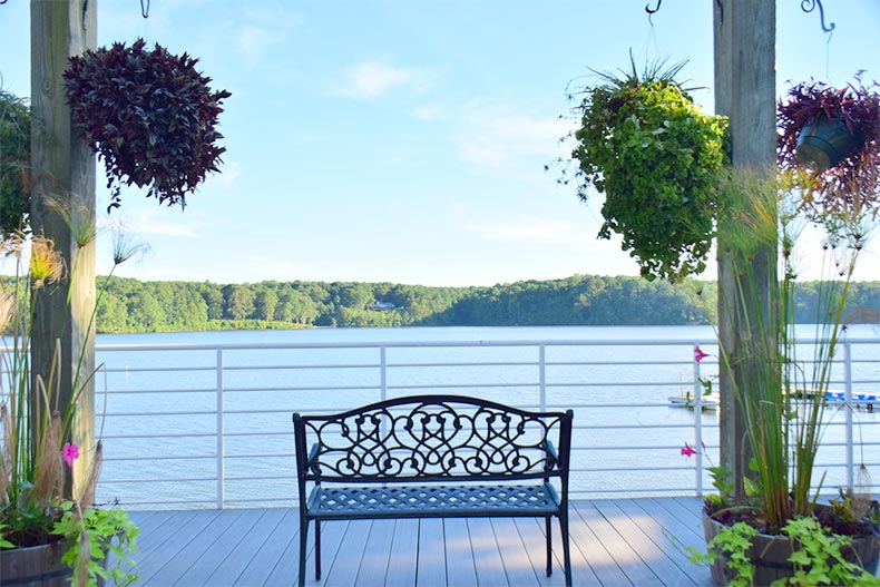 View of a bench overlooking Lake Wheeler in Raleigh, North Carolina