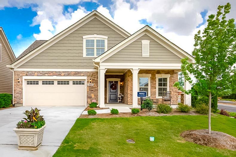 Exterior view of a model home at The Courtyards on Lawyers Road in Stallings, North Carolina