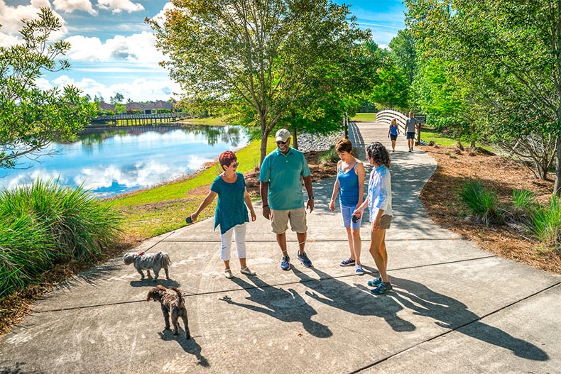 Residents at Brunswick Forest in Leland, North Carolina stopping to chat with neighbors while walking their dogs