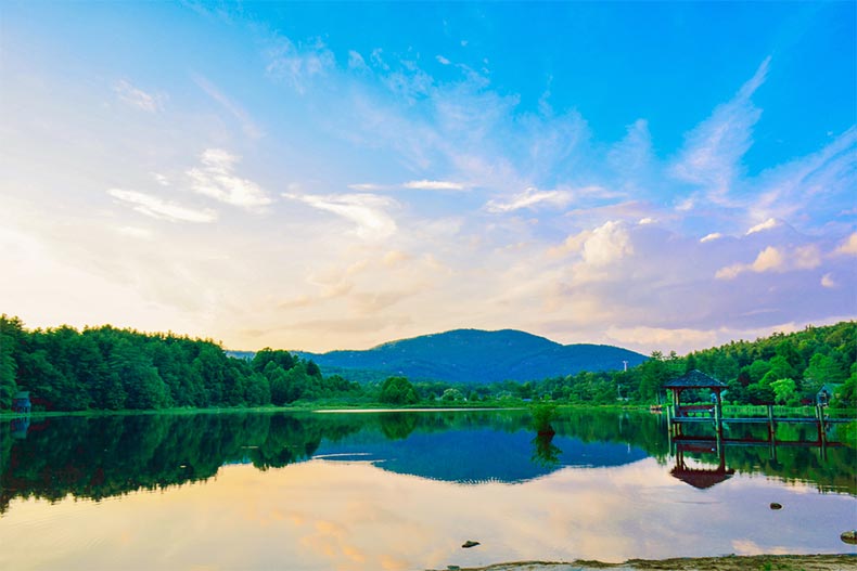A blue sky over Cashiers Lake near Asheville, North Carolina