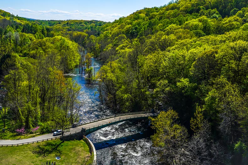 An aerial, picturesque view of the Hudson River below the New Croton Dam about 22 miles north of New York City