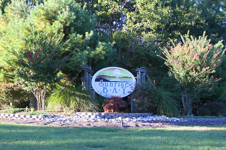 View of the community sign at Sunrise Bay in Little Egg Harbor, New Jersey