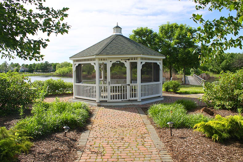 View of a gazebo beside a pond at The Ponds in Monroe, New Jersey