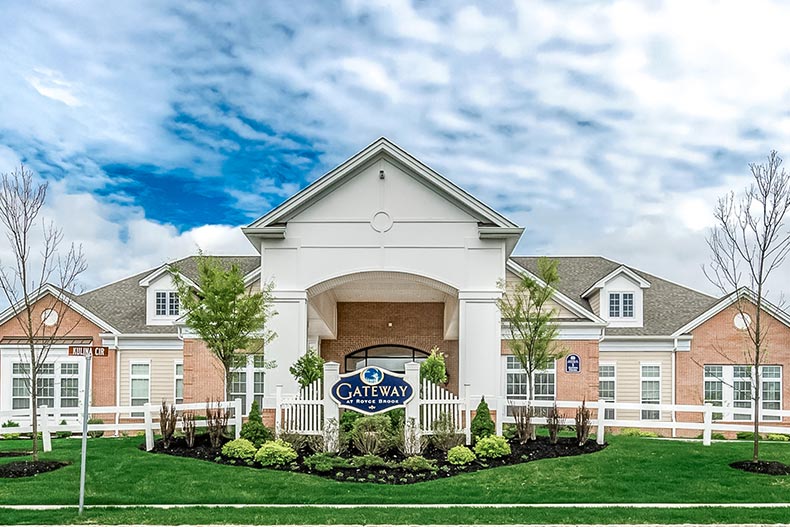 Exterior view of the clubhouse at Gateway at Royce Brook in Hillsborough Township, New Jersey
