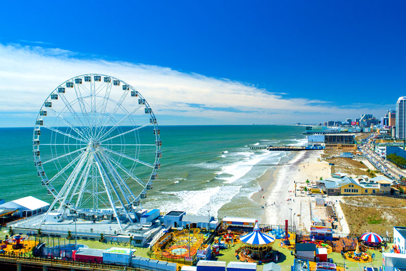 The boardwalk and beach in Atlantic City, New Jersey.
