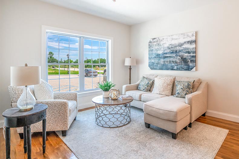 Interior view of living room in a model home at Villas At Seminary Hill in Carmel, New York