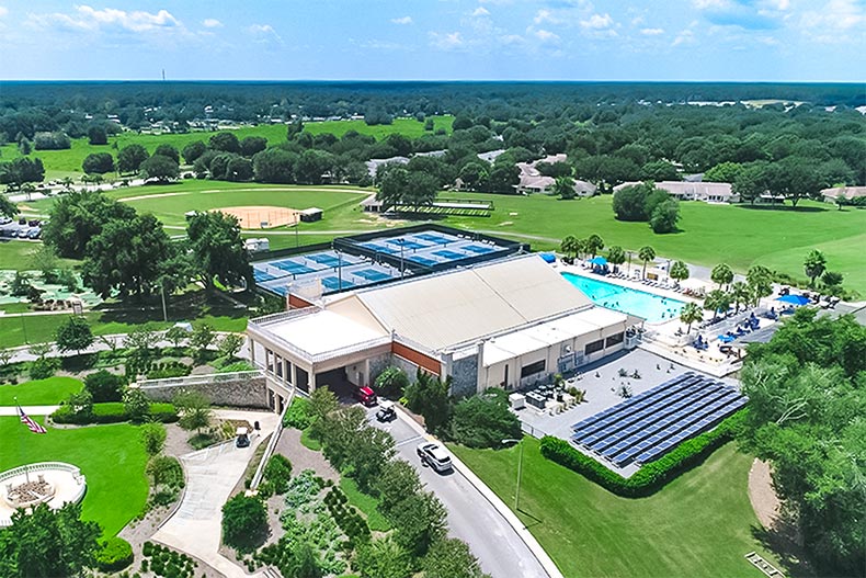 Aerial view of an amenity complex at On Top of the World in Ocala, Florida