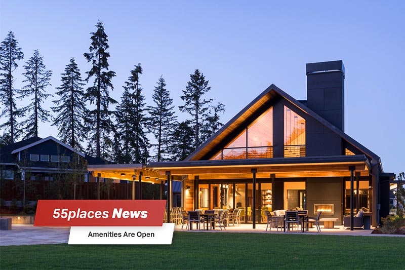 "Amenities Are Open" banner over exterior view of The Pavilion at Ovation at Oak Tree in Lacey, Washington
