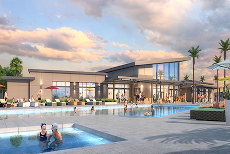 Rendering of the pool and clubhouse of Ovation at Mountain Falls