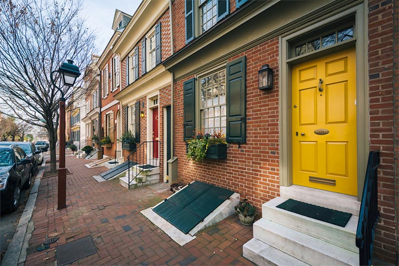 A row of historic brick houses in Society Hill in Philadelphia, Pennsylvania