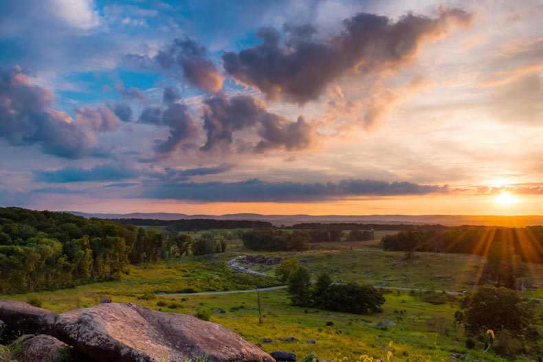 View of a summer sunset from Little Roundtop in Gettysburg, Pennsylvania