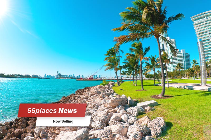 photo of an Atlantic Ocean rock beach with palm trees and buildings to the right in Palm Beach Gardens, Florida