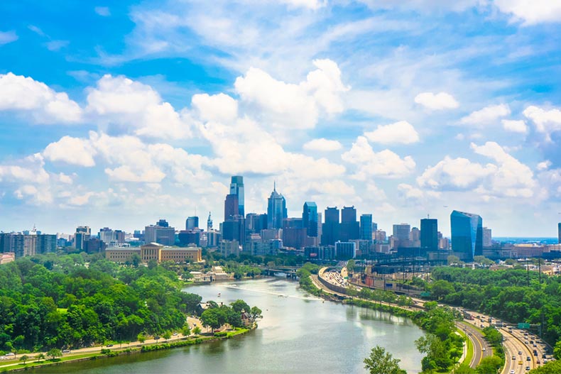 View of the river leading to the Philadelphia skyline on a sunny day